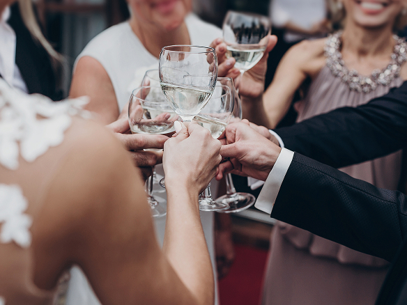 Nur das Beste für Ihre Traumhochzeit Eine Braut stößt mit ihren Gästen an